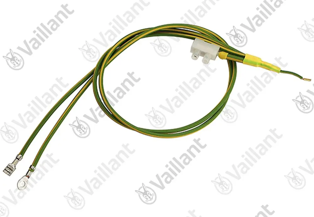 Vaillant Umrüstsatz mit zwei grünen und gelben Drähten, Enden mit Ring- und Flachsteckern für Erdungsverbindung.